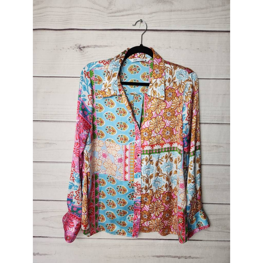 Zara Womens Button Up Shirt Multicolor Patchwork Long Sleeve Cuff V Neck L